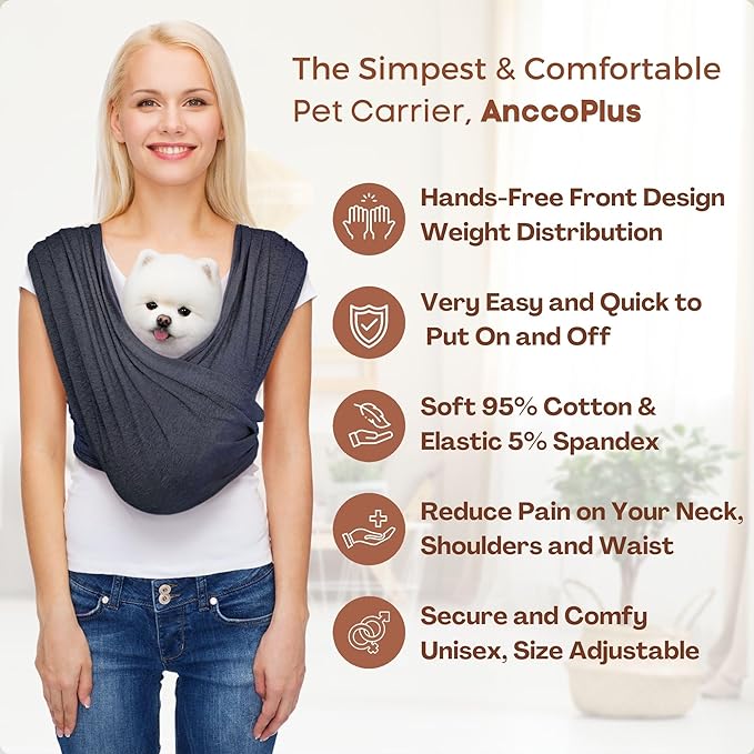 AnccoPlus Dog Carriers for Small Dogs, Front Facing Dog Sling Carrier, Hands Free Cat Carrier, Size Adjustable, Reducing Back Pain, Premium Cotton, Safe and Soft Dog Carrier (Regular, Charcoal Black) - Premium  from CARESYS - Just $56.98! Shop now at CARESYS
