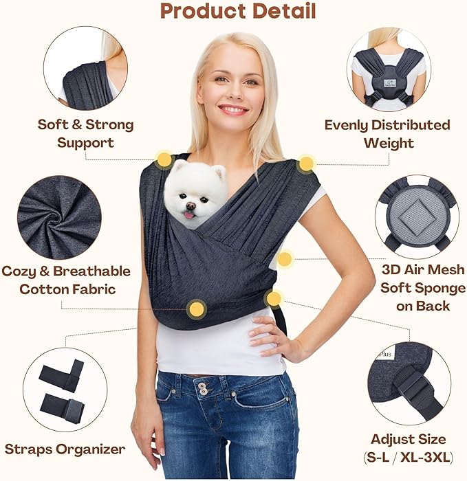 AnccoPlus Dog Carriers for Small Dogs, Front Facing Dog Sling Carrier, Hands Free Cat Carrier, Size Adjustable, Reducing Back Pain, Premium Cotton, Safe and Soft Dog Carrier (Regular, Charcoal Black) - Premium  from CARESYS - Just $56.98! Shop now at CARESYS
